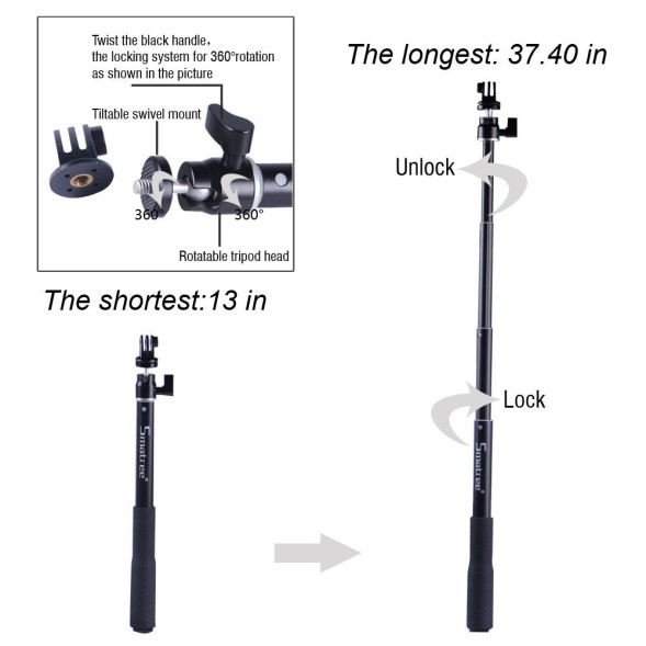 Smatree® SmaPole Q1 компактный аллюминиевый монопод 25-95см