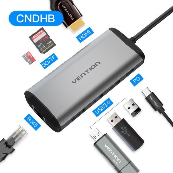 Type-C 8в1 мультифункциональный хаб-конвертор. 1*Ethernet, 1*HDMI, 3*USB 3.0, 2*card reader +PD(87W) CNDHB | VENTION