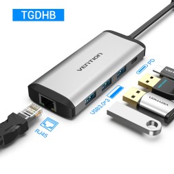 Type C мультифункциональный хаб-конвертор. 1*Ethernet, 3*USB 3.0 + PD(87W) TGDHB | VENTION